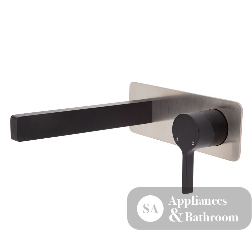 Fienza Sansa Wall Basin Mixer Set - Matte Black - Matte Black / Brushed Nickel Backplate - Wall Mixer Set