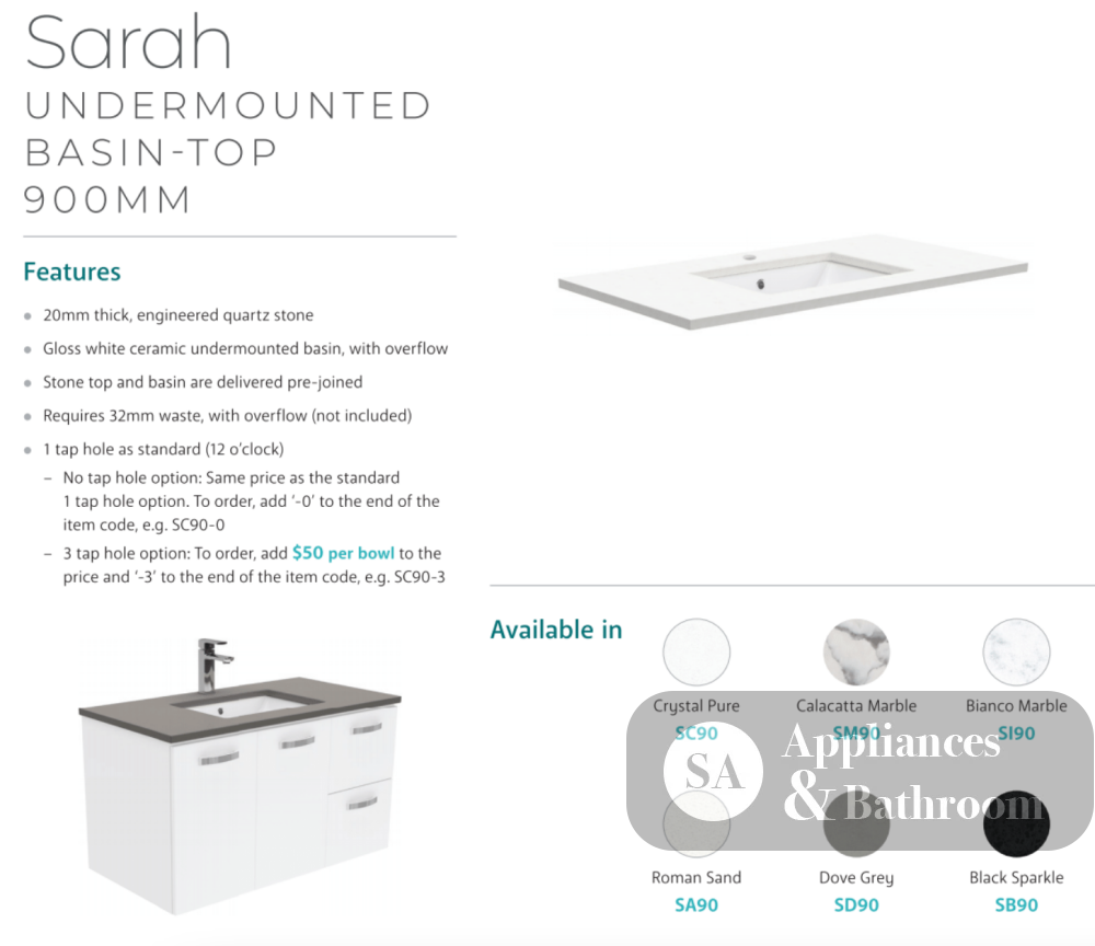 Fienza Sarah 900Mm Si90C Bianco Marble Vanity Unit Fingerpull With Kickboard White - Special Order