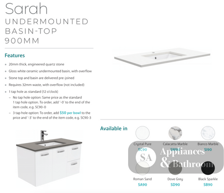 Fienza Sarah 900Mm Si90C Bianco Marble Vanity Unit Fingerpull With Kickboard White - Special Order
