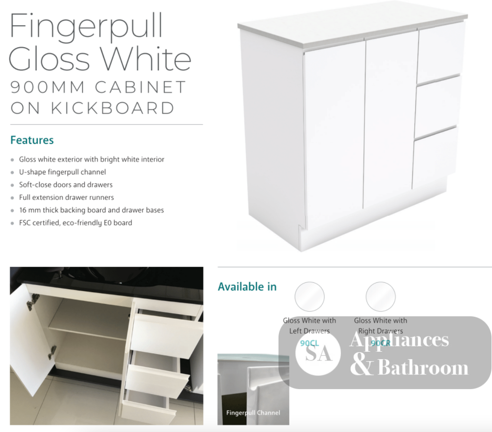 Fienza Sarah 900Mm Si90C Bianco Marble Vanity Unit Fingerpull With Kickboard White - Special Order
