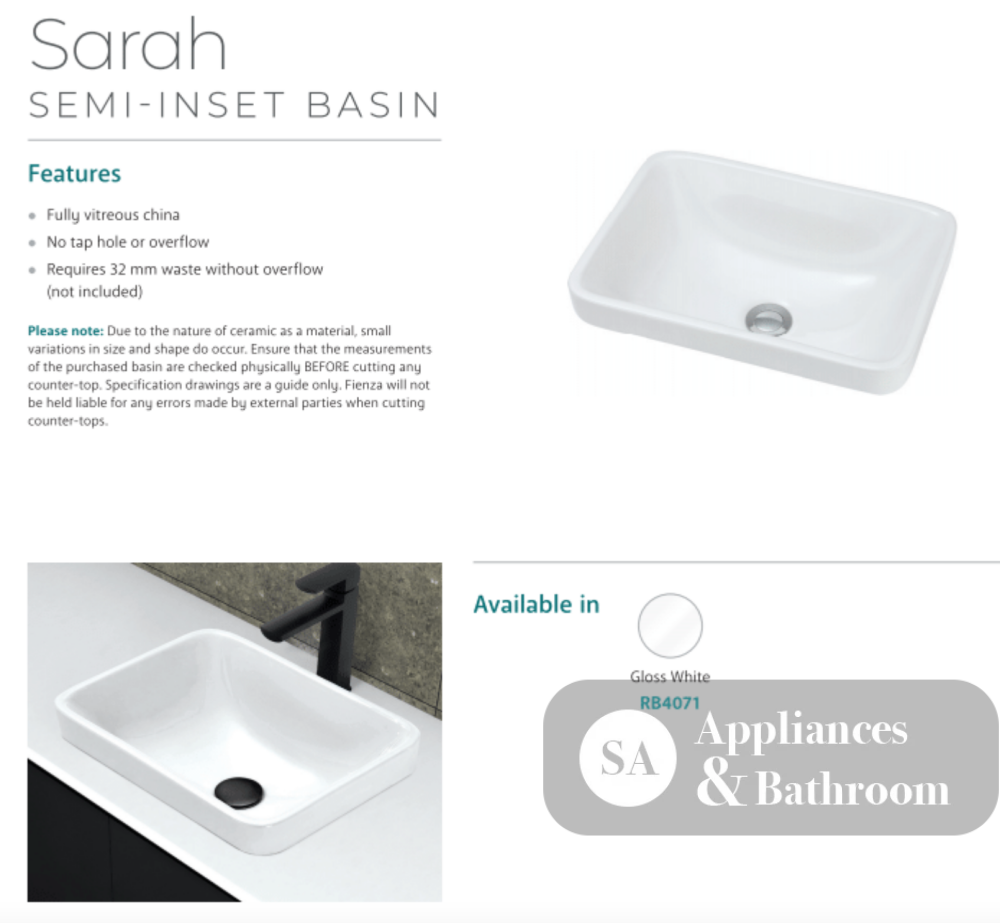 Fienza Sarah RB4071 Semi Inset Basin White - Basins