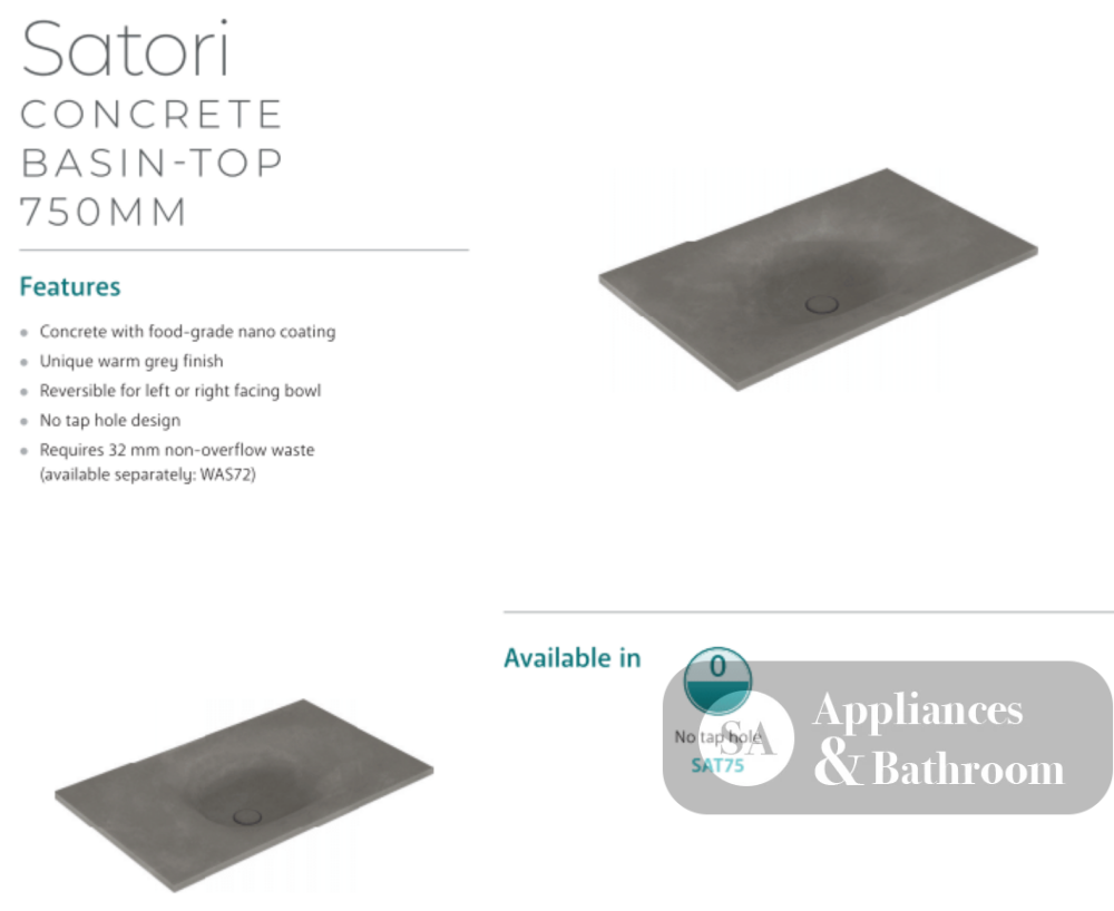 Fienza SAT75 Satori 750mm Concrete Basin Top - Basins