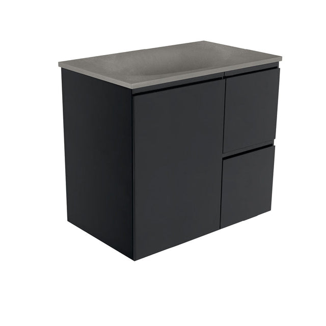 Fienza SAT75ZBR Satori Fingerpull Wall Hung Vanity 750mm Right Drawers Satin Black - Vanity Units Wall Hung