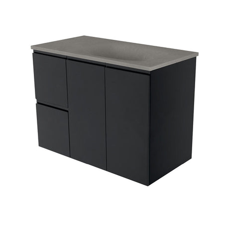 Fienza SAT90ZBL Satori Fingerpull Wall Hung Vanity 900mm Left Drawers Satin Black - Vanity Units Wall Hung