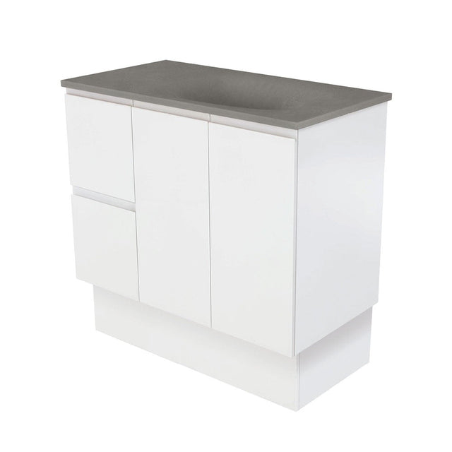 Fienza SAT90ZKL Satori Fingerpull On Kickboard Vanity 900mm Left Drawers Satin White - Vanity Units Freestanding