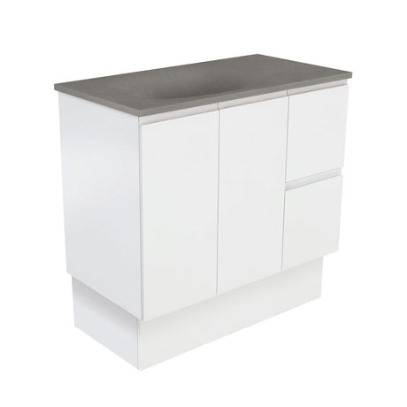 Fienza SAT90ZKR Satori Fingerpull On Kickboard Vanity 900mm Right Drawers Satin White - Vanity Units Freestanding