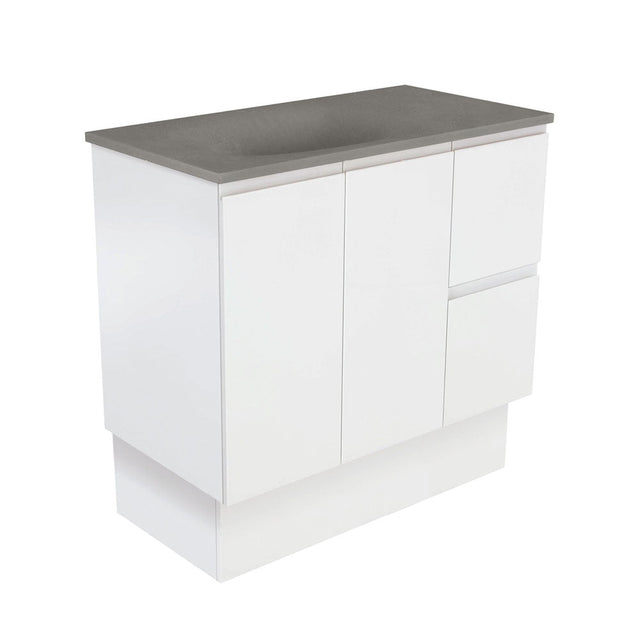 Fienza SAT90ZKR Satori Fingerpull On Kickboard Vanity 900mm Right Drawers Satin White - Vanity Units Freestanding