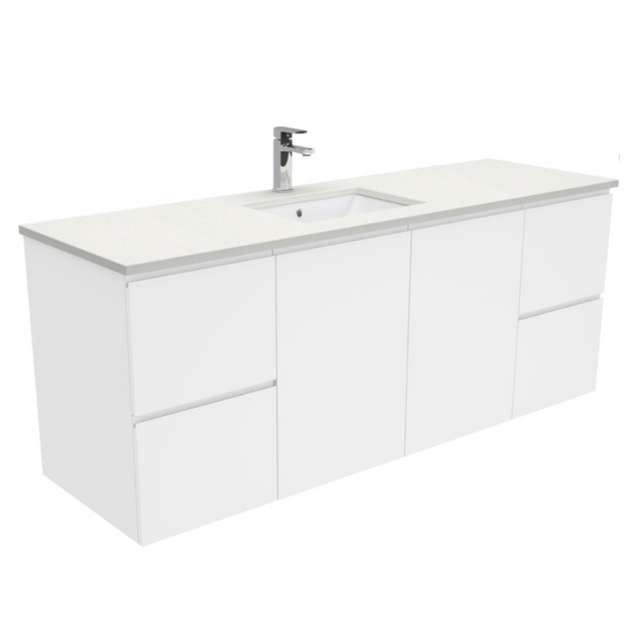 Fienza SC150FS Crystal Pure Undermount Stone Top Fingerpull 1500mm (Single Basin) Wall Hung Vanity Unit White - Vanity