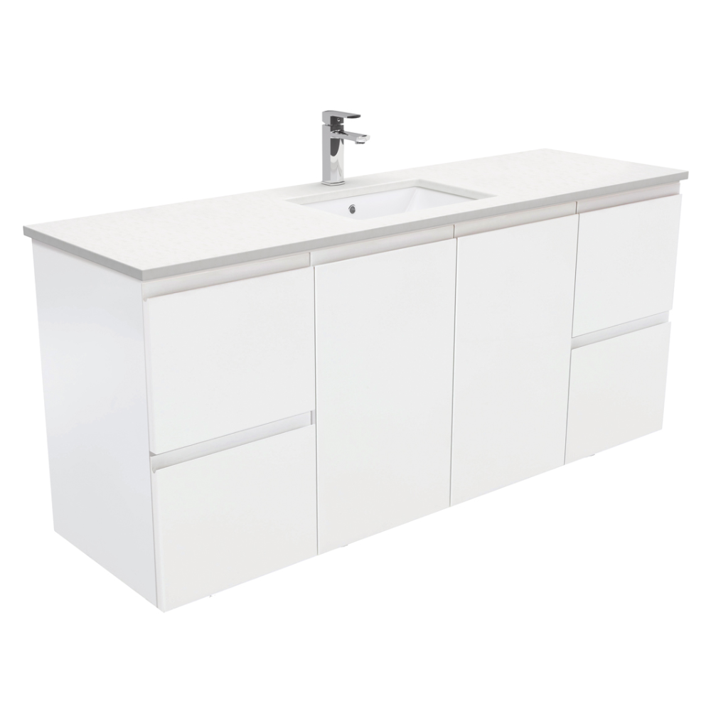 Fienza SC150ZS Crystal Pure Undermount Stone Top Fingerpull 1500mm (Single Basin) Wall Hung Vanity Unit Satin White