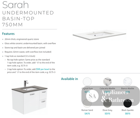 Fienza Sc75Q 750Mm Crystal Pure Undermount Stone Top Quest Wall Hung Vanity Unit White - Special