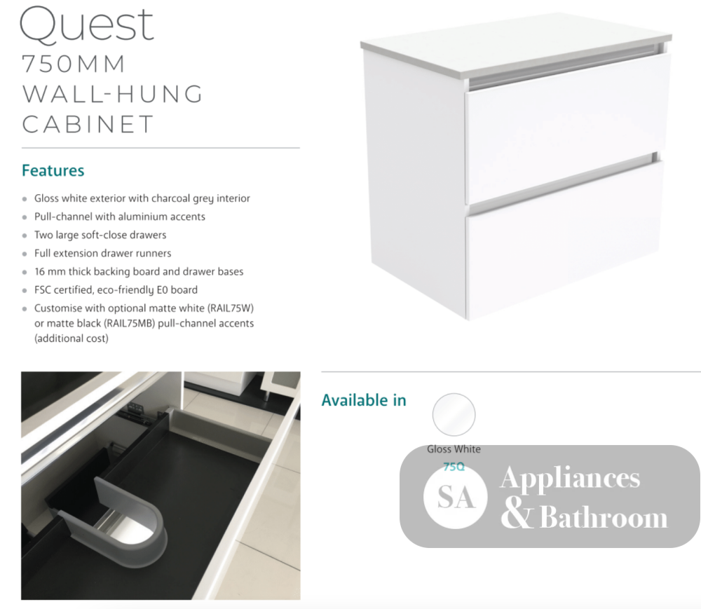 Fienza Sc75Q 750Mm Crystal Pure Undermount Stone Top Quest Wall Hung Vanity Unit White - Special