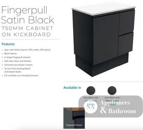 Fienza Sc75Zbkl 750Mm Crystal Pure Undermount Stone Top Fingerpull Satin Black Vanity Unit With