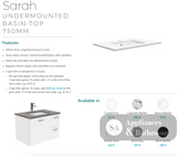 Fienza Sc75Zkl 750Mm Crystal Pure Undermount Stone Top Vanity Unit With Kickboard Fingerpull Left