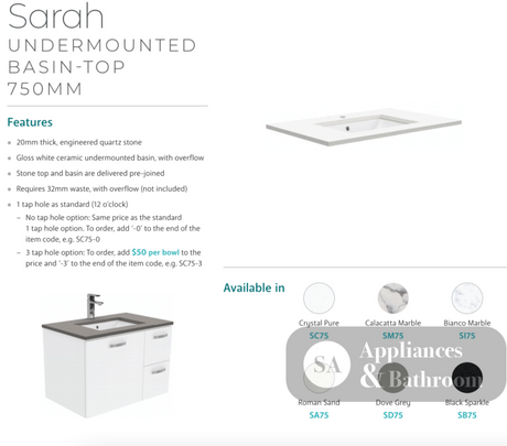 Fienza Sc75Zkl 750Mm Crystal Pure Undermount Stone Top Vanity Unit With Kickboard Fingerpull Left