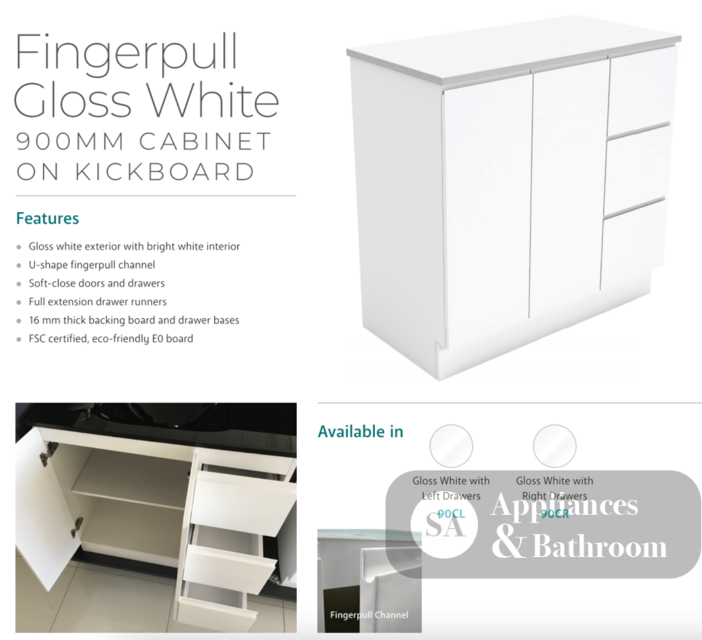 Fienza Sc90Cl 900Mm Crystal Pure Undermount Stone Top Fingerpull Vanity Unit On Kickboard Left