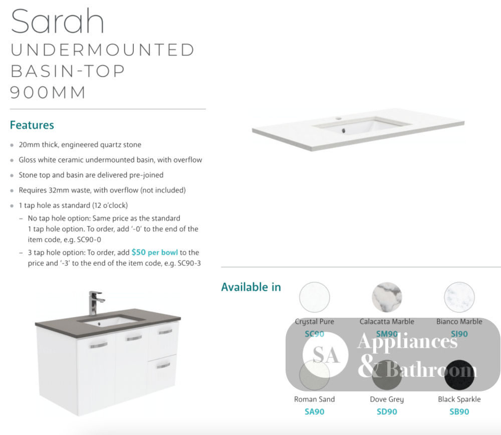 Fienza Sc90Cr 900Mm Crystal Pure Undermount Stone Top Fingerpull Vanity Unit On Kickboard Right
