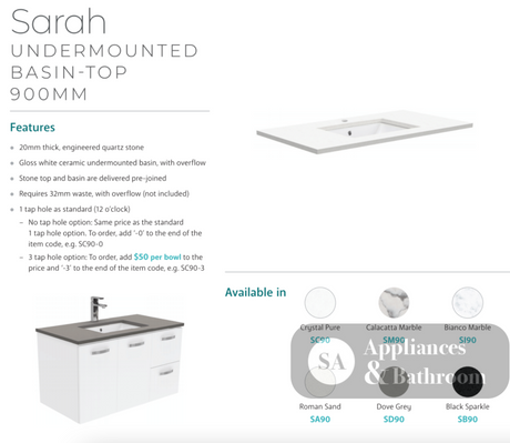 Fienza Sc90Cr 900Mm Crystal Pure Undermount Stone Top Fingerpull Vanity Unit On Kickboard Right