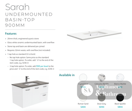 Fienza Sc90Fl 900Mm Crystal Pure Undermount Stone Top Fingerpull Wall Hung Vanity Unit Left Drawers