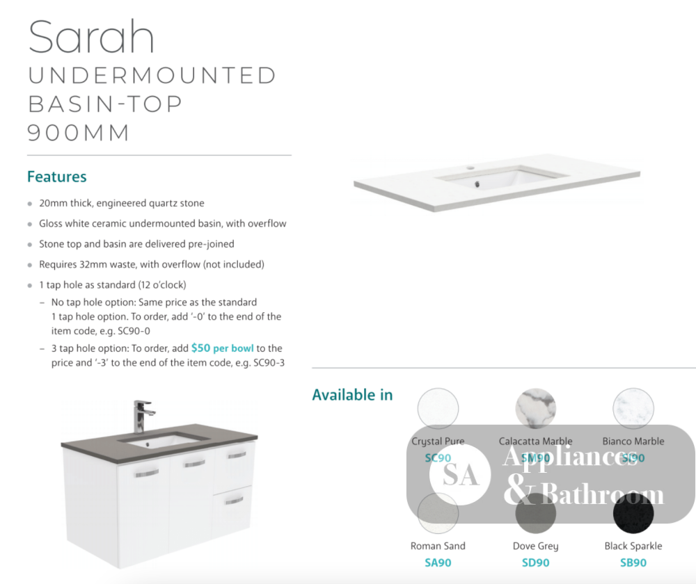 Fienza Sc90Fr 900Mm Crystal Pure Undermount Stone Top Fingerpull Wall Hung Vanity Unit Right Drawers