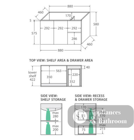 Fienza Sc90Fr 900Mm Crystal Pure Undermount Stone Top Fingerpull Wall Hung Vanity Unit Right Drawers