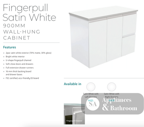 Fienza Sc90Zr 900Mm Crystal Pure Undermount Stone Top Fingerpull Wall Hung Vanity Unit Right Drawers