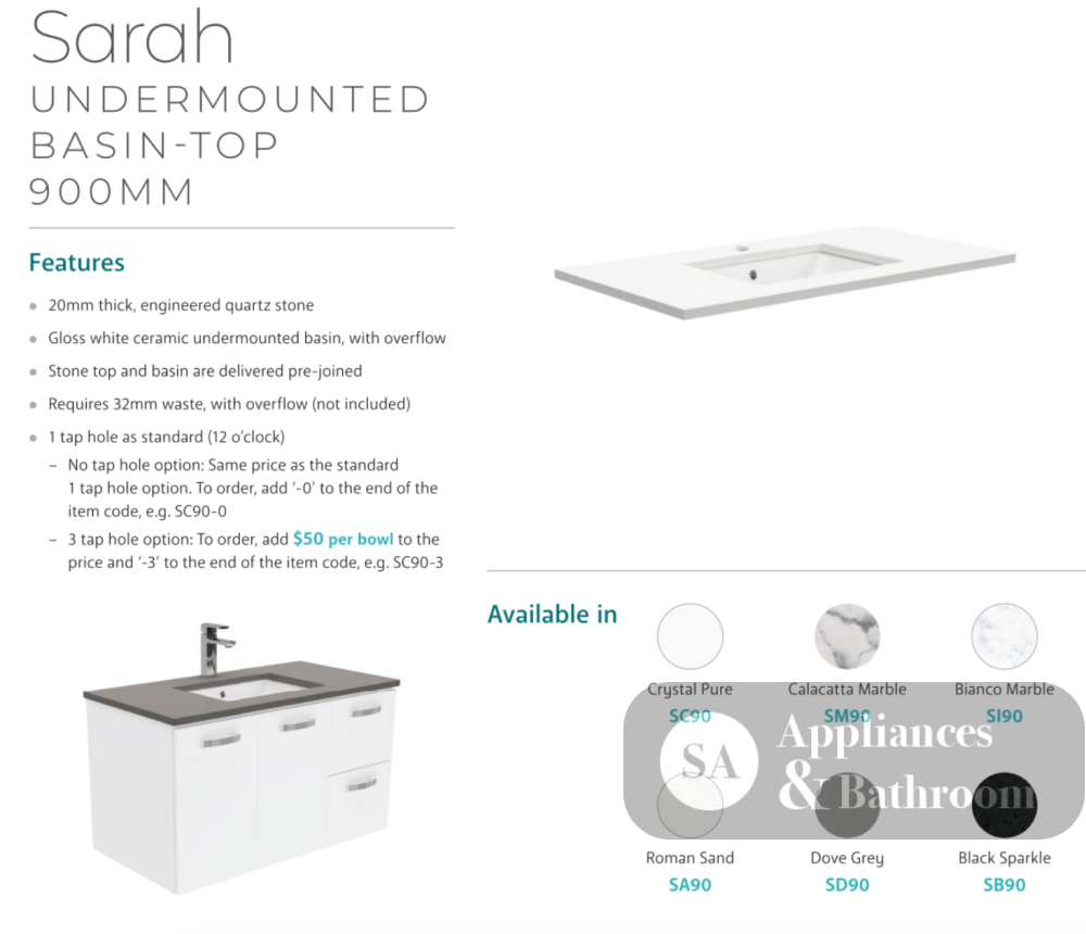 Fienza Sc90Zr 900Mm Crystal Pure Undermount Stone Top Fingerpull Wall Hung Vanity Unit Right Drawers