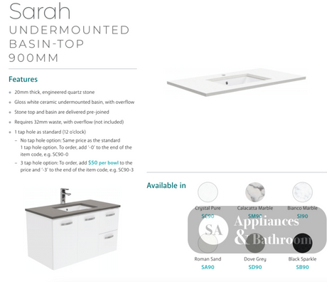 Fienza Sc90Zr 900Mm Crystal Pure Undermount Stone Top Fingerpull Wall Hung Vanity Unit Right Drawers