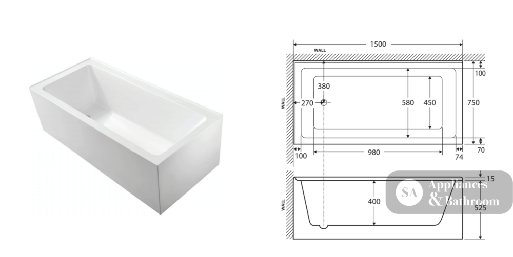 Fienza Sentor Acrylic Corner Bath 1500mm - Gloss White - Corner Baths