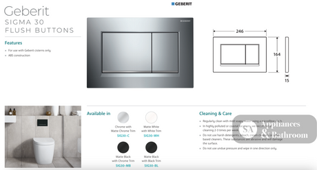 Fienza SIG30-BL Rectangular Flush Buttons for Geberit Sigma 30 Matte Black with Black Trim - Toilet Cisterns & Buttons