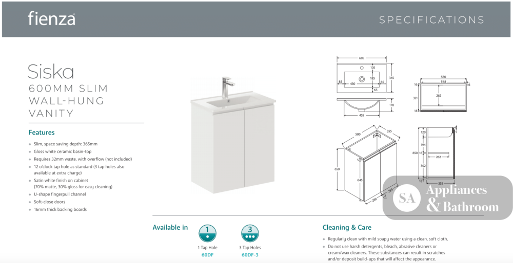 Fienza Siska 60DF Slim 600mm White Wall Hung Vanity Unit Satin- Special Order - Vanity Units