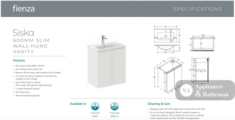 Fienza Siska 60DF Slim 600mm White Wall Hung Vanity Unit Satin- Special Order - Vanity Units
