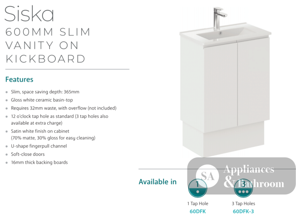 Fienza Siska 60Dfk 600Mm Satin White Vanity With Kickboard - Special Order Units