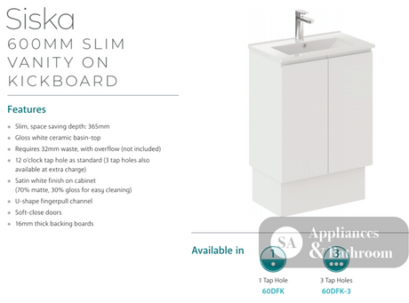 Fienza Siska 60Dfk 600Mm Satin White Vanity With Kickboard - Special Order Units