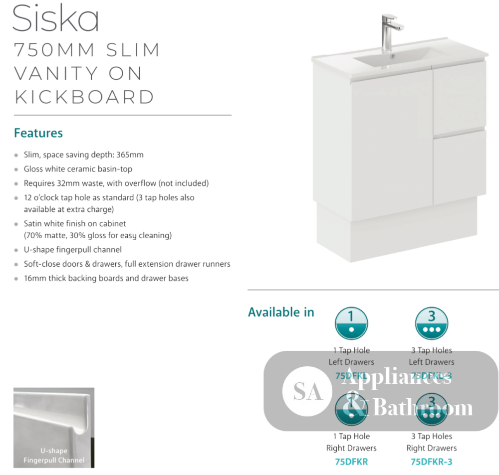 Fienza Siska 75Dfkl Slim 750Mm Satin White Vanity Unit With Kickboard Left Drawers - Special Order