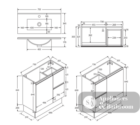 Fienza Siska 75Dfkl Slim 750Mm Satin White Vanity Unit With Kickboard Left Drawers - Special Order