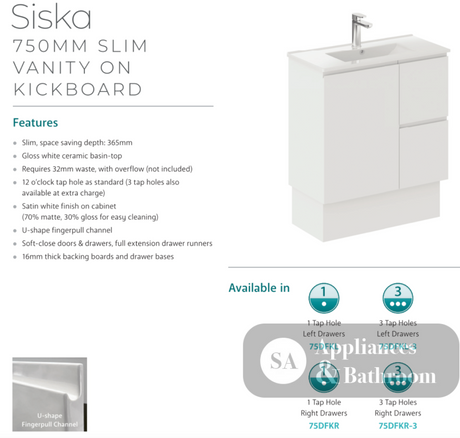 Fienza Siska 75Dfkr Slim 750Mm Satin White Vanity Unit With Kickboard Right Drawers - Special Order