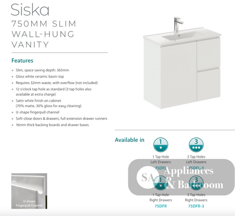 Fienza Siska 75Dfl Slim 750Mm Satin White Wall Hung Vanity Unit Left Drawers - Special Order Units