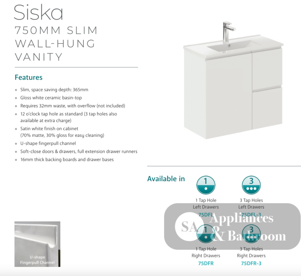 Fienza Siska 75Dfr Slim 750Mm Satin White Wall Hung Vanity Unit Right Drawers - Special Order Units