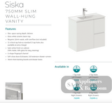 Fienza Siska 75Dfr Slim 750Mm Satin White Wall Hung Vanity Unit Right Drawers - Special Order Units