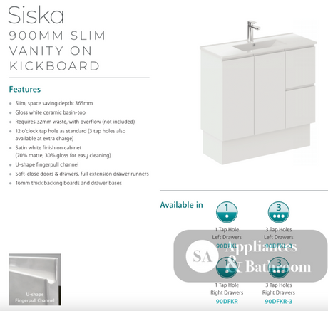 Fienza Siska 90Dfkr Slim 900Mm Kickboard Vanity Unit Right Drawers Satin White - Special Order Units