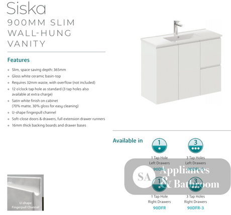 Fienza Siska 90Dfr 900Mm Slim Wall Hung Vanity Unit Right Drawers Satin White - Special Order Units