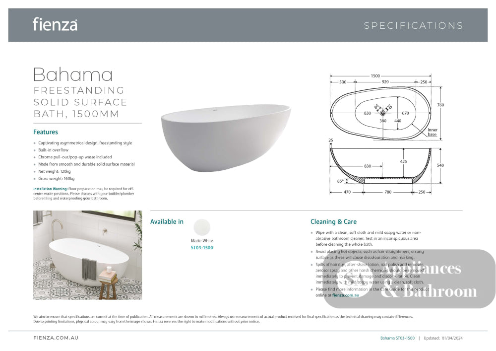 Fienza ST03-1500 Bahama Solid Surface Bath 1500mm - Freestanding Bath