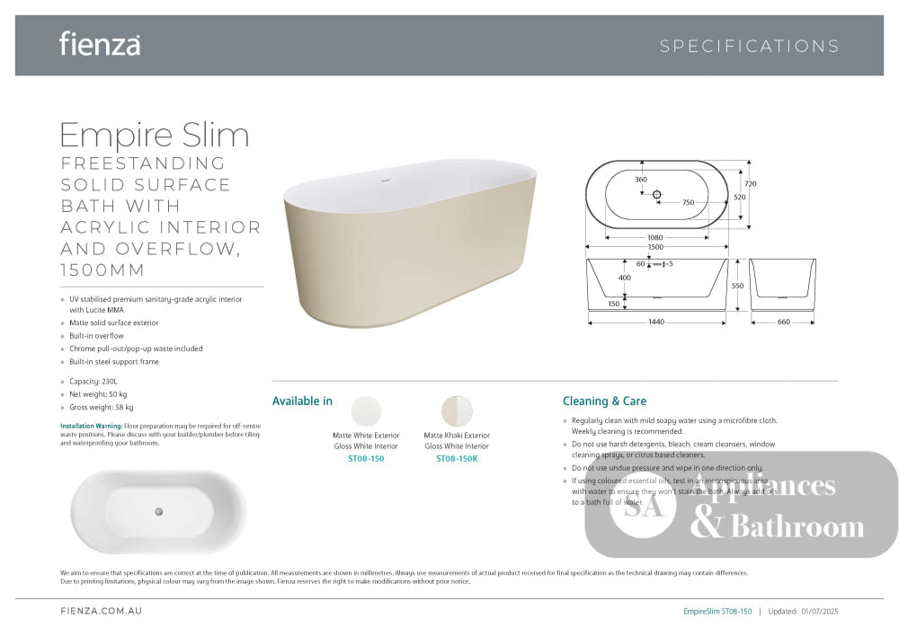 Fienza ST08-150K Empire Slim Solid Surface Acrylic Bath 1500mm Matte Khaki Ext Gloss White Int - Freestanding Bath