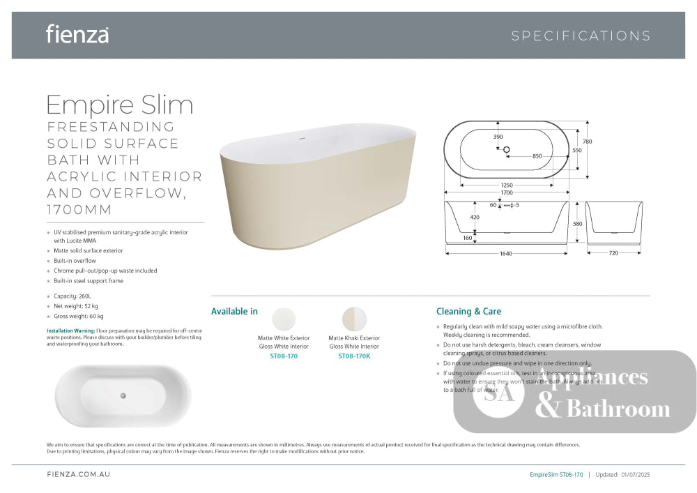 Fienza ST08-170K Empire Slim Solid Surface Acrylic Bath 1700mm Matte Khaki Ext Gloss White Int - Freestanding Bath