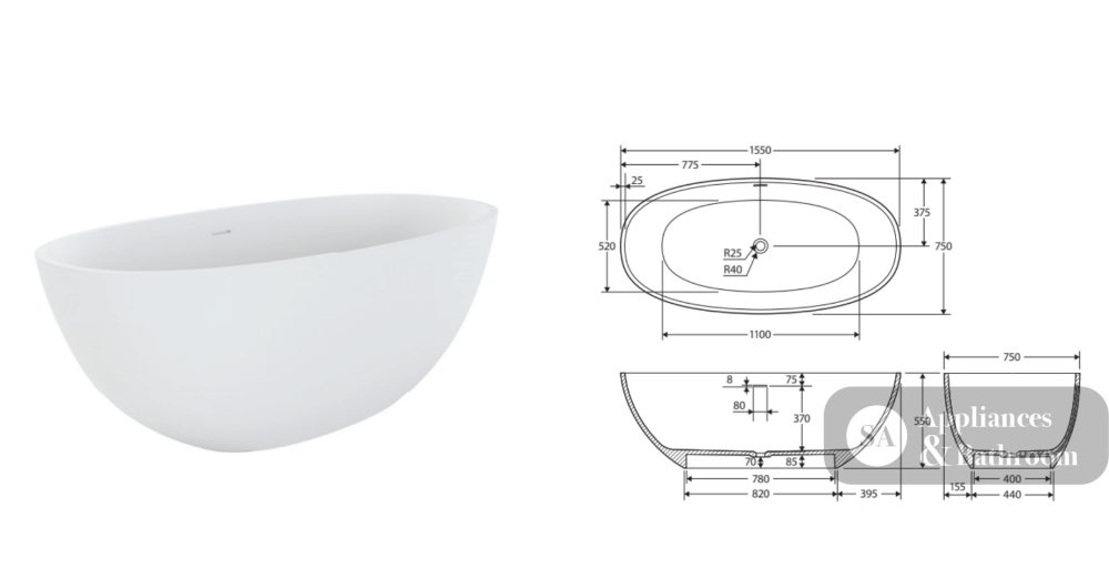 Fienza ST28-1550 Sasso Freestanding Stone Bath 1500mm Matte White - Freestanding Bath