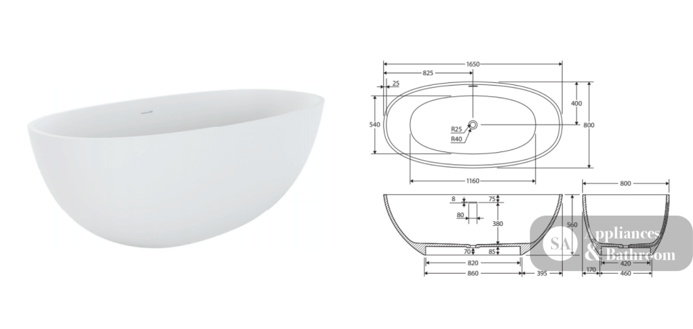 Fienza ST28-1650 Sasso Freestanding Stone Bath 1650mm Matte White - Freestanding Bath
