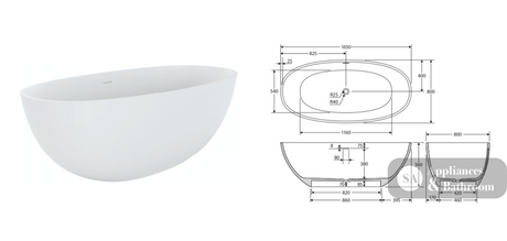 Fienza ST28-1650 Sasso Freestanding Stone Bath 1650mm Matte White - Freestanding Bath