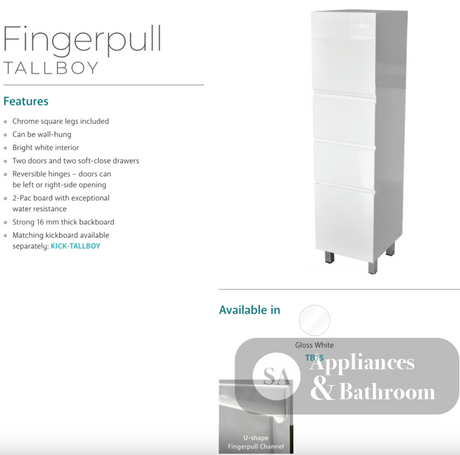 Fienza TB15 Gloss White Fingerpull Tallboy - Bathroom Storage