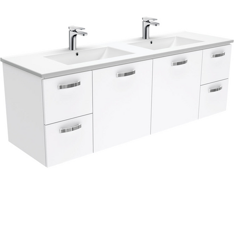 Fienza TCL150JD Dolce Ceramic 1500mm Vanity wall hung with handles (Double bowl) White - Vanities
