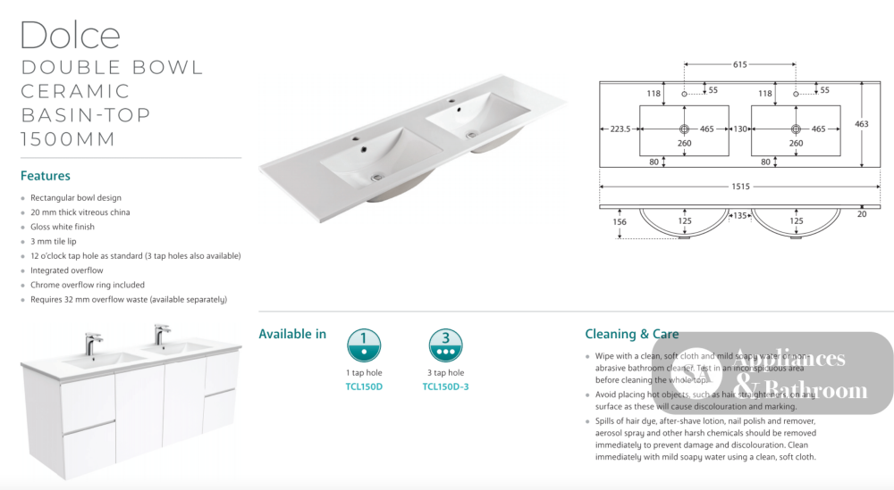 Fienza TCL150MD 1500mm Dolce Mila Wall Hung Vanity Double Bowl White - Vanity Units